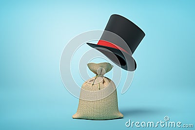 3d rendering of light-brown canvas money sack and big black tophat floating in air above it on light blue background. Stock Photo