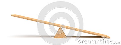 3d rendering of a light wooden seesaw with the right side leaning to the ground on white background. Stock Photo