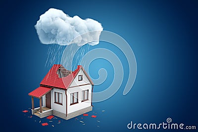 3d rendering of little detached house with big hole in roof, standing under rainy cloud, on blue background with copy Stock Photo