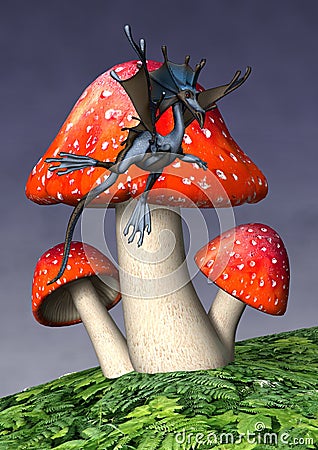 3D Rendering Little Dragon in Forest Stock Photo