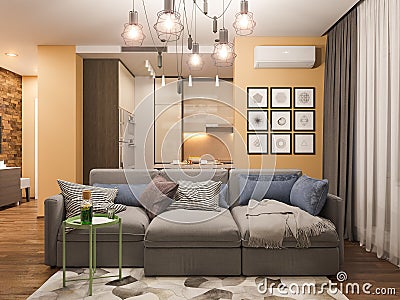 3d Rendering living room interior design. Modern studio apartment in the Scandinavian minimalist style. Stock Photo