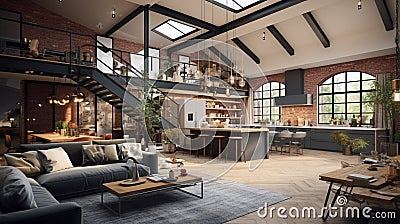 3d rendering. loft apartment with living room Stock Photo