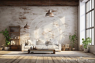 3d rendering loft bedroom with brick wall and wooden floor, loft style Stock Photo