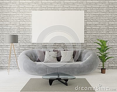 3d rendering loft living room with gray sofa ,lamp, tree, brick wall,carpet,anf frame for mock up Stock Photo