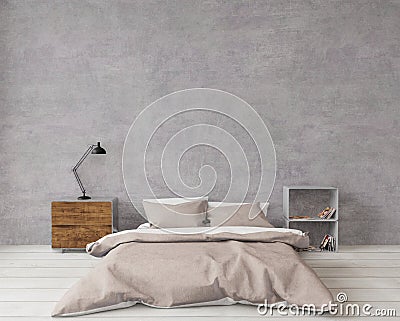 Loft style bedroom with raw concrete ,wooden floor,big window ,empty wall for copy space Stock Photo
