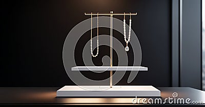 3d rendering luxury minimalistic podium display with pearl necklace. Luxury background. Stock Photo