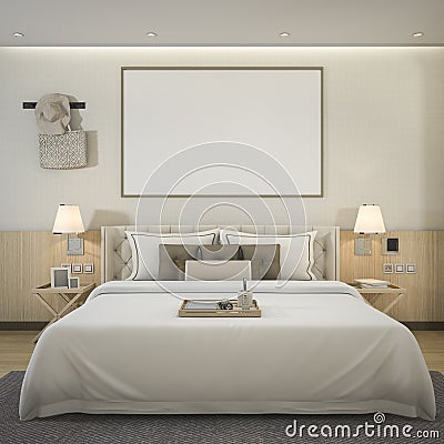 3d rendering luxury modern bedroom suite in hotel with mock up frame Stock Photo