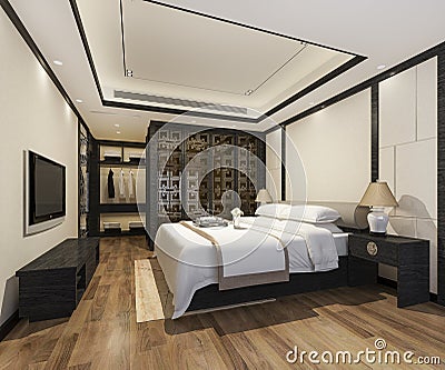 3d rendering luxury modern bedroom suite in hotel with wardrobe and walk in closet with chinese style decor Stock Photo