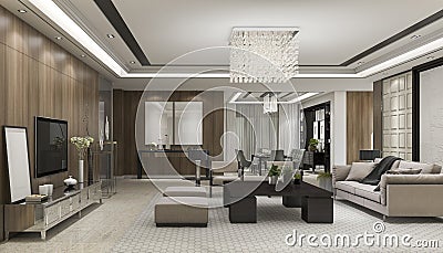 3d rendering luxury and modern living room with chandelier Stock Photo