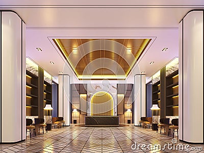 3D Rendering luxury Reception Lobby with gold metal decorate Stock Photo