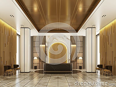 3D Rendering luxury Reception Lobby with gold metal decorate Stock Photo