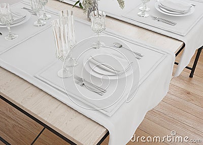 3d rendering of a luxury restaurant wooden table with expensive utensil Stock Photo