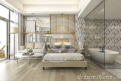 3d rendering luxury suite hotel bedroom with bathtub and counter bar Stock Photo