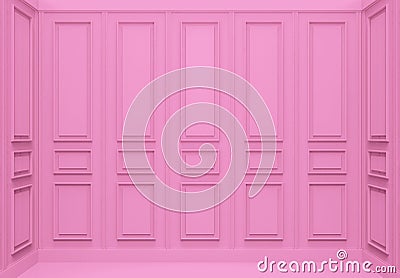 3d rendering. luxury sweet soft pink classical pattern wood wall corner room background. Stock Photo