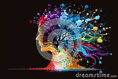 3D rendering made of human head morphed with fractal paint on the subject of inner world, emotions, imagination and human mind. Stock Photo