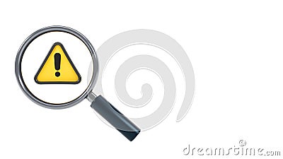 3D rendering of magnifying glass with exclamation icon, error search, problem find icon on isolated white background Stock Photo