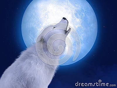 3D rendering of a majestic white wolf howling in moonlight Stock Photo