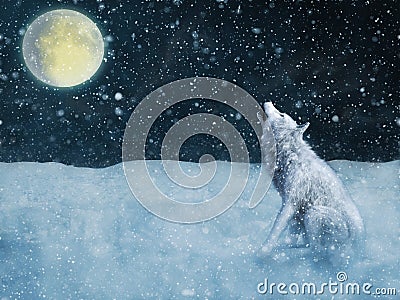 3D rendering of a majestic white wolf howling in moonlight Stock Photo