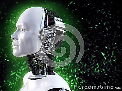 3D rendering of male robot with bokeh light effect. Stock Photo