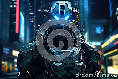 3D rendering of a male robot in a futuristic city at night, Stealth Guardians: Elite troops equipped with high-tech face masks and Stock Photo