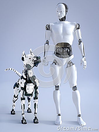 3D rendering of male robot with a futuristic robot dog Stock Photo
