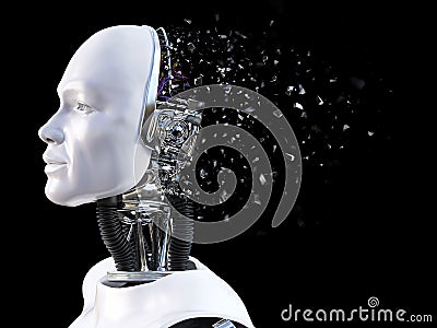 3D rendering of male robot head that shatters. Stock Photo