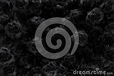 many black roses covered by water drops. Flat lay of minimal flower style concept Stock Photo