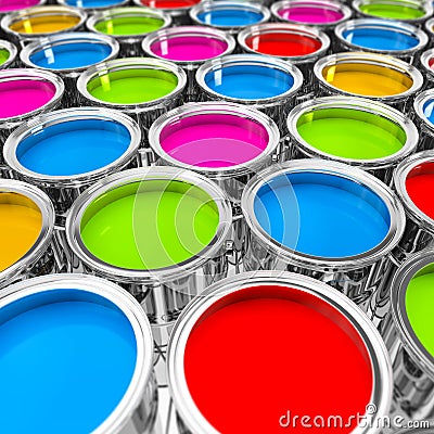 3d rendering of many color buckets with bright colors Stock Photo