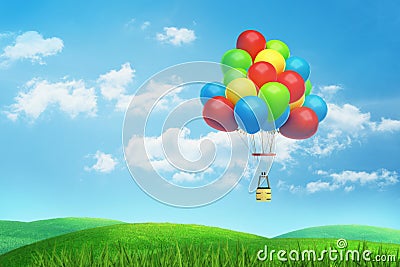 3d rendering of a many colorful partly balloons with a basket underneath fly over a green and sunny valley. Stock Photo