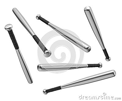 3d rendering of many steel baseball bats black-wrapped handles flying in different angles on a white background. Stock Photo