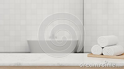 3D rendering, marble counter in modern bath room with white towels and copy space Cartoon Illustration