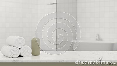 3D rendering, marble counter in modern bath room with white towels, soap bottle and copy space Cartoon Illustration