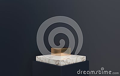 3d rendering marble pedestal located in black background, square platform with gold detail, 3d render, scene with Stock Photo