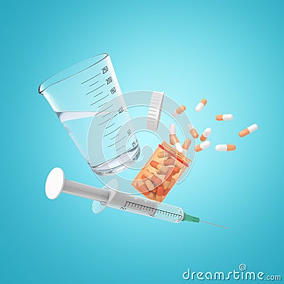 3d rendering of a measuring cup with transparent liquid, an open pills jar with pills falling out, and a syringe. Stock Photo