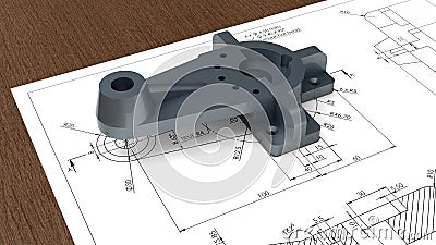 3D rendering - Mechanical part over 2D technical drawing Cartoon Illustration