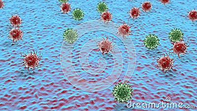 3D rendering of a medical biological surface with lots of red and blue viruses. Image for medical compositions and banners. Stock Photo