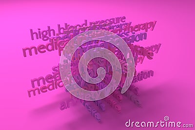 3D rendering. Medication related keywords cloud. For graphic design or background, CGI typography. Stock Photo