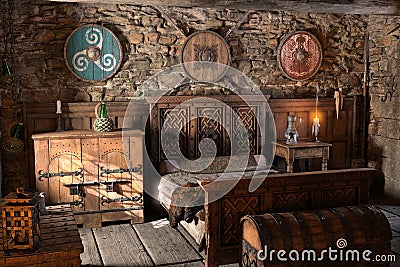 3D Rendering Medieval Bedroom Stock Photo