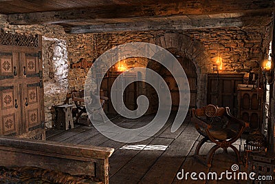 3D Rendering Medieval Bedroom Stock Photo