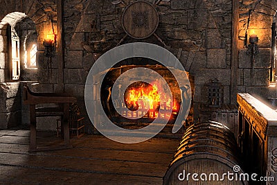 3D Rendering Medieval Bedroom Fireplace Stock Photo