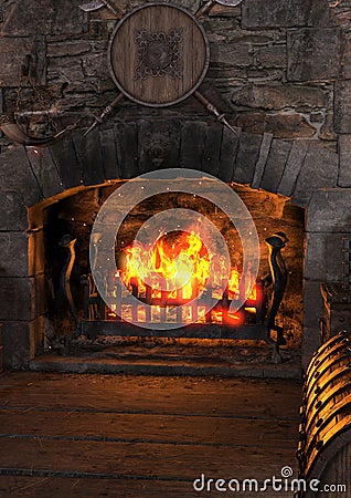 3D Rendering Medieval Bedroom Fireplace Stock Photo