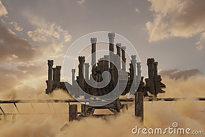 medieval castle over golden clouds Stock Photo