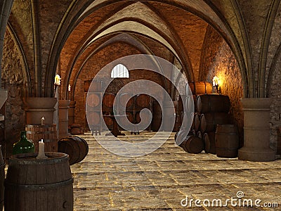 3D Rendering Medieval Cellar Stock Photo