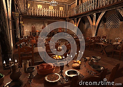 3D Rendering Medieval Great Hall Stock Photo