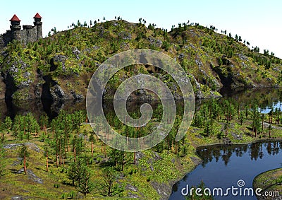 3D Rendering Medieval Landscape Stock Photo