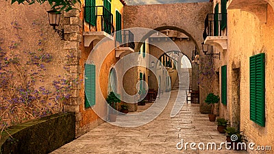 3D rendering of a Mediterranean style street with colourfully painted buildings and window shutters Cartoon Illustration