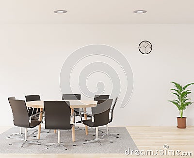 3D rendering meeting room with chairs , round wooden table, white room, carpet and little tree Stock Photo