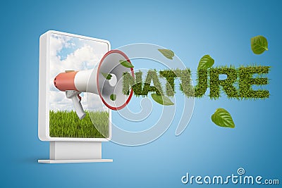 3d rendering of megaphone on screen of information display emitting word NATURE far beyond screen. Stock Photo