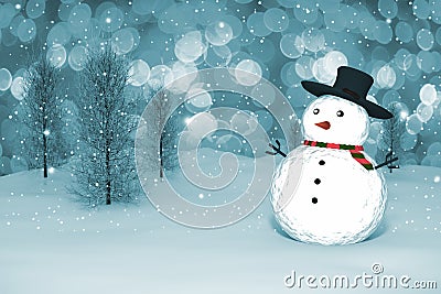 3D Rendering : merry christmas snow man doll on perspective snowscape sparkling bokeh wall light and christmas tree in background Stock Photo