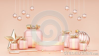 3d rendering Merry New Year and Merry Christmas 2023 Pink gift boxes with golden bows and gold candy and decoration ball and Gold Stock Photo